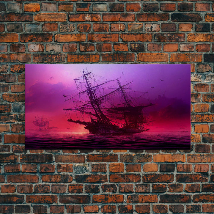 Outrun Style Ghost Ship, Abandoned Pirate Ship, ready to hang canvas print, framed art, cool unique wall decor