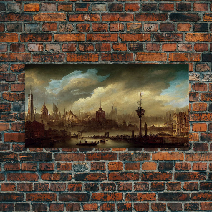 Victorian Steampunk Cityscape, Concept Art, Ready To Hang Canvas Print, Framed Wall Art