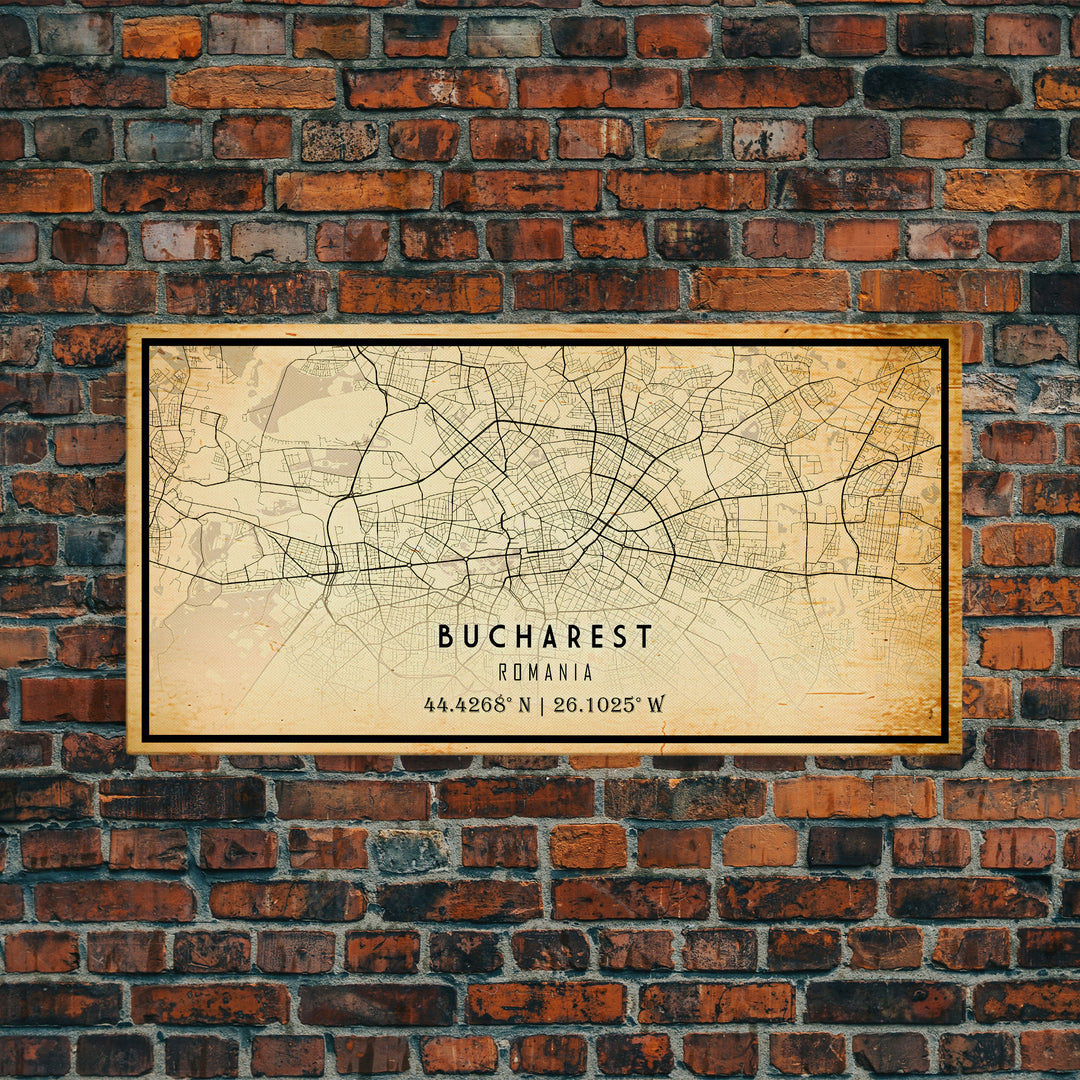 Vintage Style Bucharest City Map Wall Art Canvas Print, Distressed Bucharest Map, Framed Wall Art, Cool RomaniaTravel Wall Art, Office Art