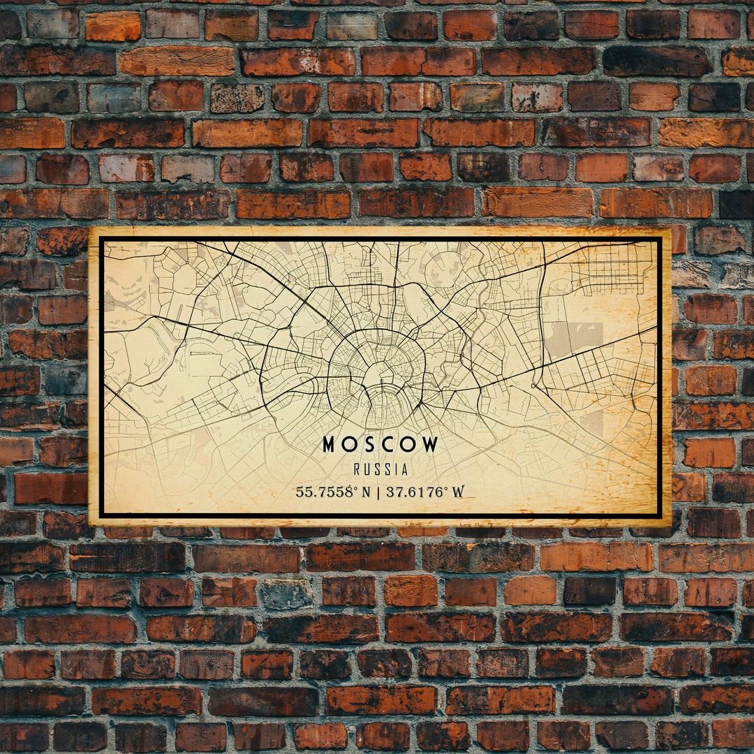 Vintage Style Moscow City Map Wall Art Canvas Print, Distressed Moscow Russia Map, Framed Wall Art, Cool Moscow Travel Wall Art, Office Art