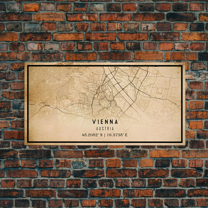 Vintage Vienna City Map Wall Art Canvas Print, Distressed Style Vienna Austria Map, Framed Wall Art, Cool Vienna Travel Wall Art, Office Art