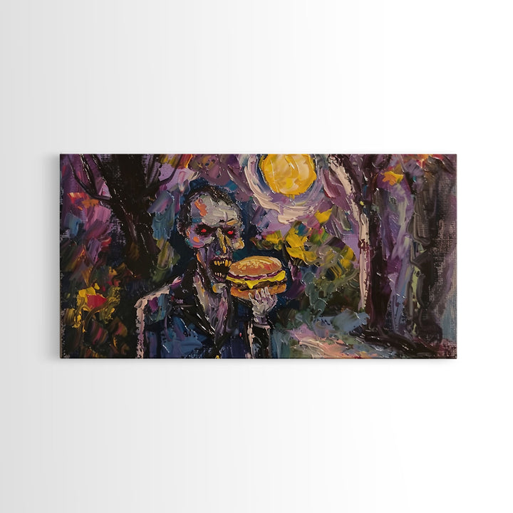 Vampire Having A Cheeseburger, Framed Canvas Print, Funny Halloween Decor