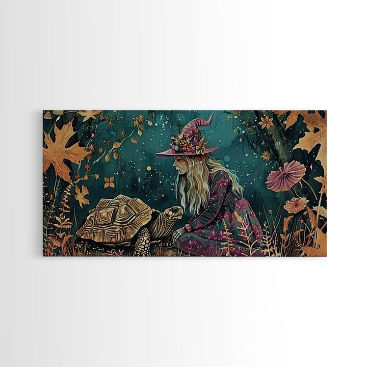 Victorian Witch and her Tortoise Familiar | Framed Canvas Print | Dark Academia Wall Art | Victorian Style Halloween Art