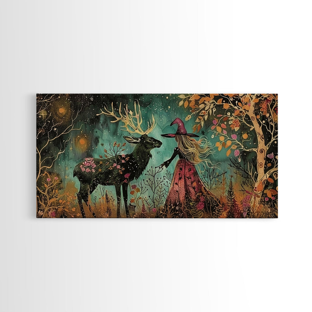 Victorian Witch and her Deer Familiar | Framed Canvas Print | Dark Academia Wall Art | Victorian Style Halloween Art