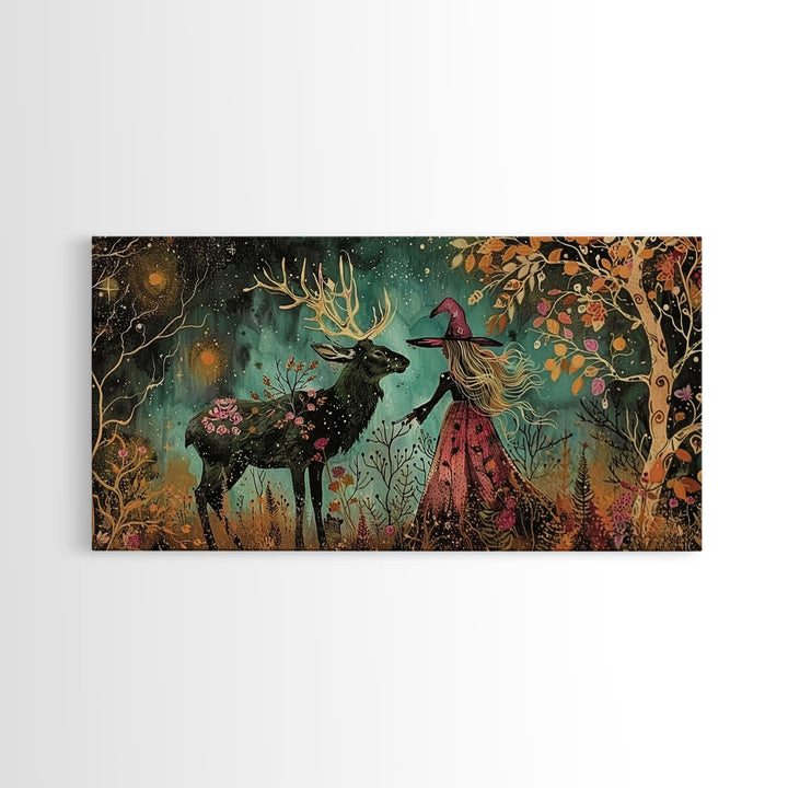 Victorian Witch and her Deer Familiar | Framed Canvas Print | Dark Academia Wall Art | Victorian Style Halloween Art