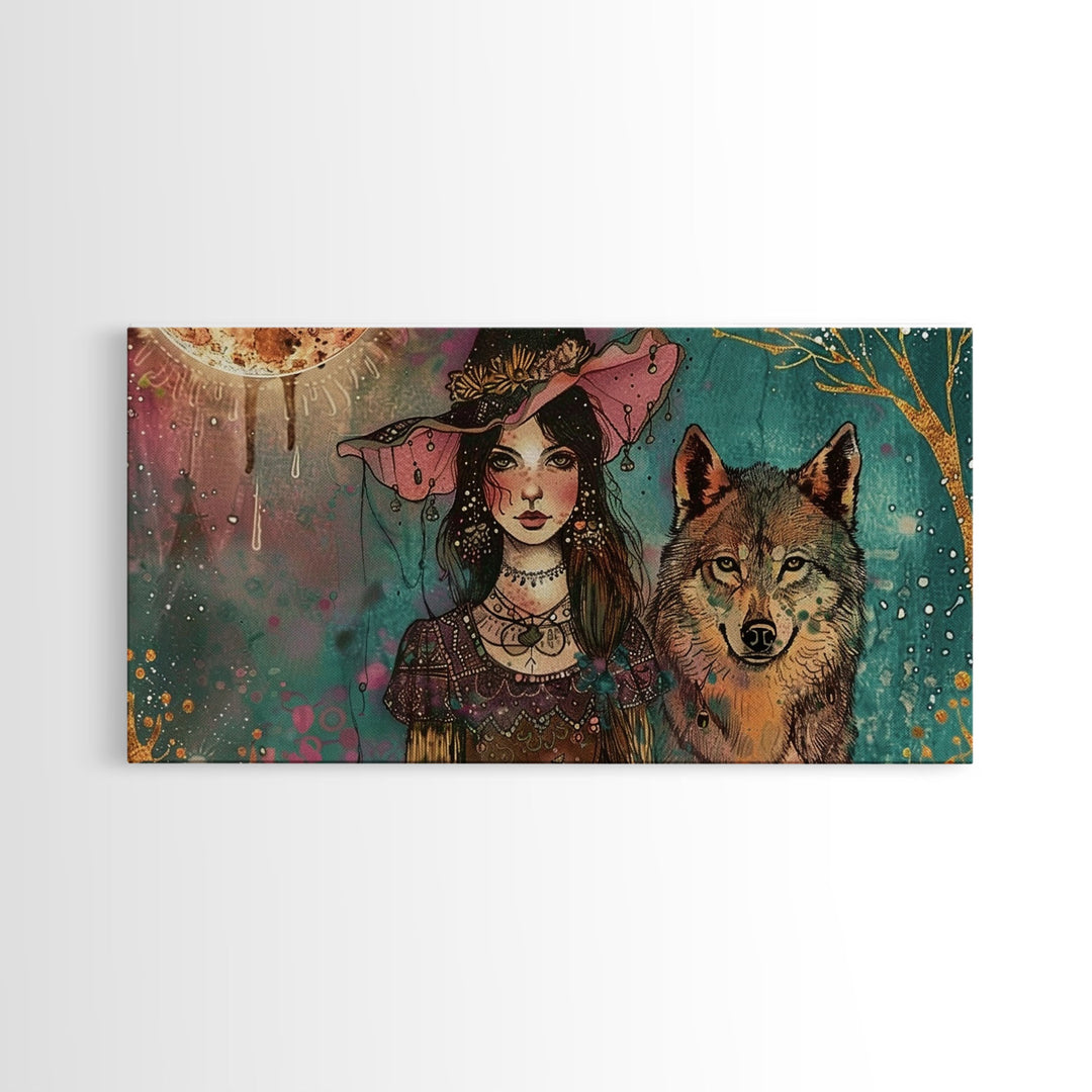 The Witch and The Wolf Familiar, Framed Canvas Print, Halloween Gift, Halloween Props, Halloween Wall Art