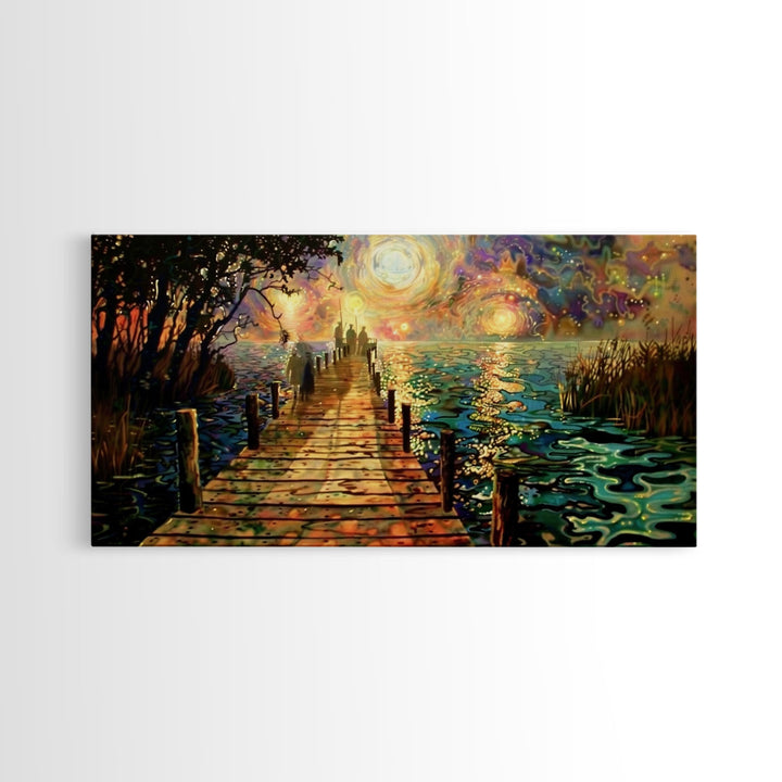 Starry Night Inspired Haunted Ghostly Docks At Night, Framed Canvas Print, Halloween Decor