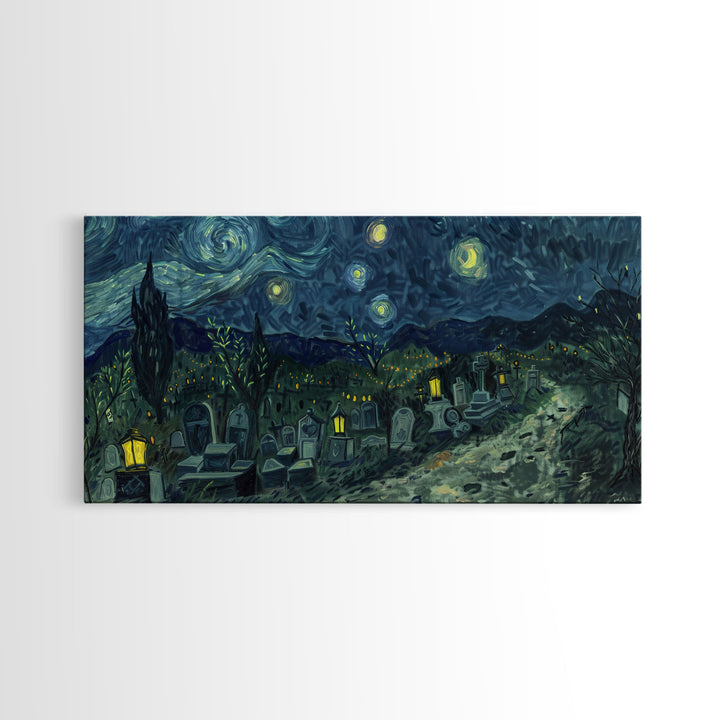 Starry Night Inspired Haunted Cemetery, Framed Canvas Print, Spooky Season Gift Idea, Halloween Decor, Halloween Prop