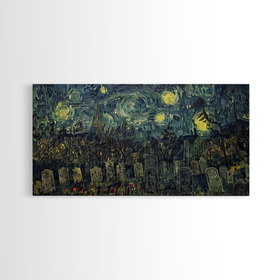 Starry Night Inspired Haunted Cemetery, Framed Canvas Print, Spooky Season Gift Idea, Halloween Decor, Halloween Prop