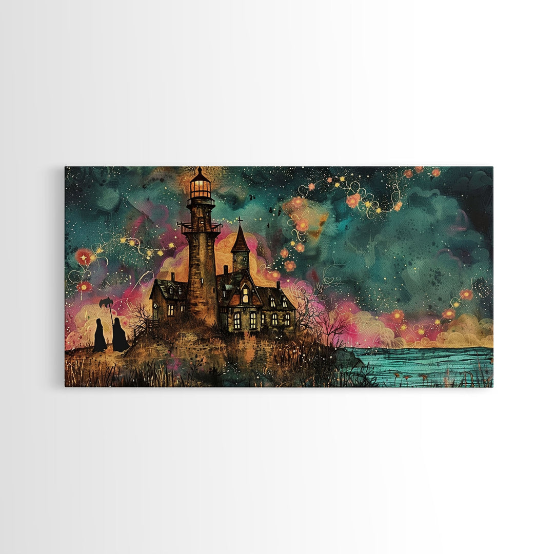 The Haunted Light House, Abstract Art, Framed Canvas Print, Original Midcentury Style Lighthouse Painting Wall Decor