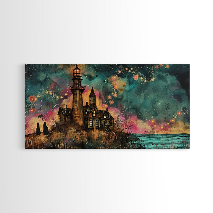 The Haunted Light House, Abstract Art, Framed Canvas Print, Original Midcentury Style Lighthouse Painting Wall Decor