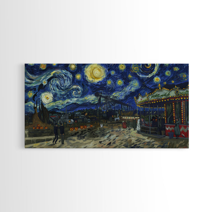 Spooky Haunted Carnival, Framed Canvas Print, Starry Night Inspired Spooky Season Wall Art, Halloween Prop