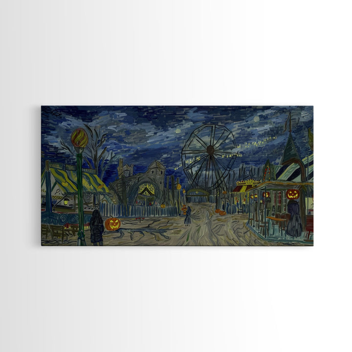 Spooky Haunted Carnival, Framed Canvas Print, Starry Night Inspired Spooky Season Wall Art, Halloween Prop