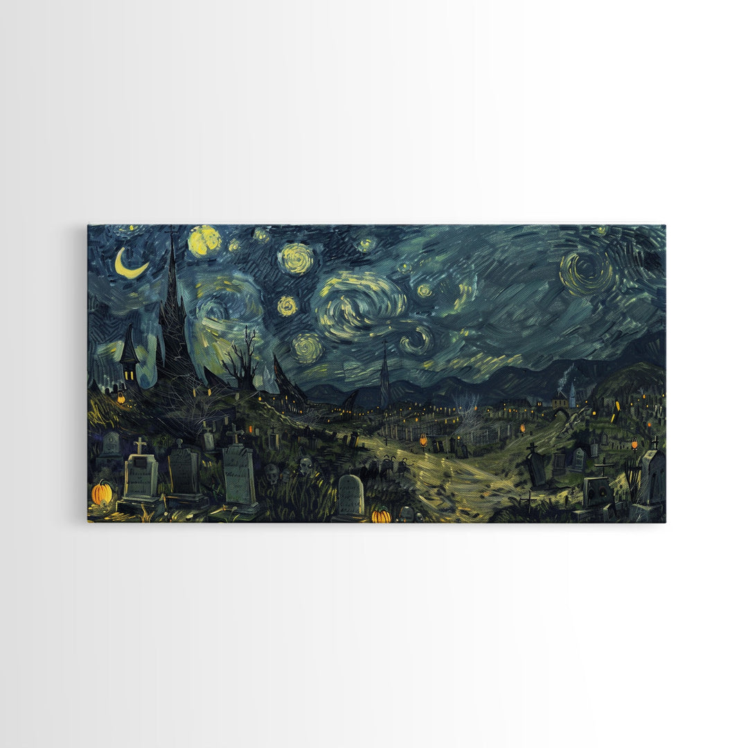 Starry Night Inspired Haunted Cemetery Framed Canvas Print, Halloween Wall Decor, Art Prints, Creepy Art