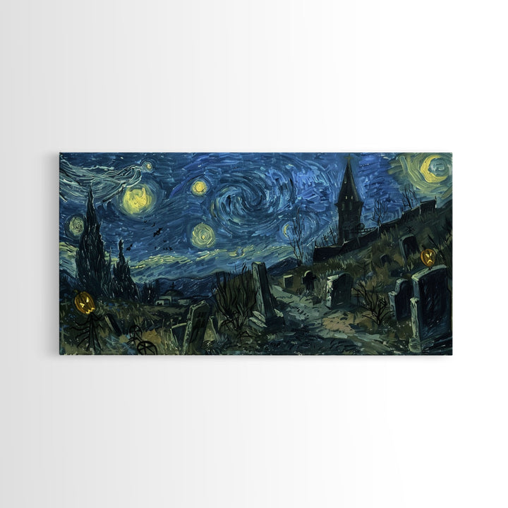 Starry Night Inspired Haunted Cemetery Framed Canvas Print, Halloween Wall Decor, Art Prints, Creepy Art, Spooky Vibes