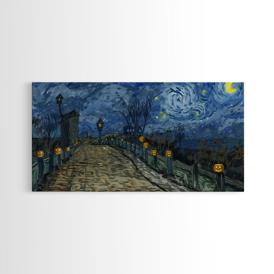 The Haunted Bridge, Framed Canvas Print, Spooky Home Decor, Starry Night Inspired