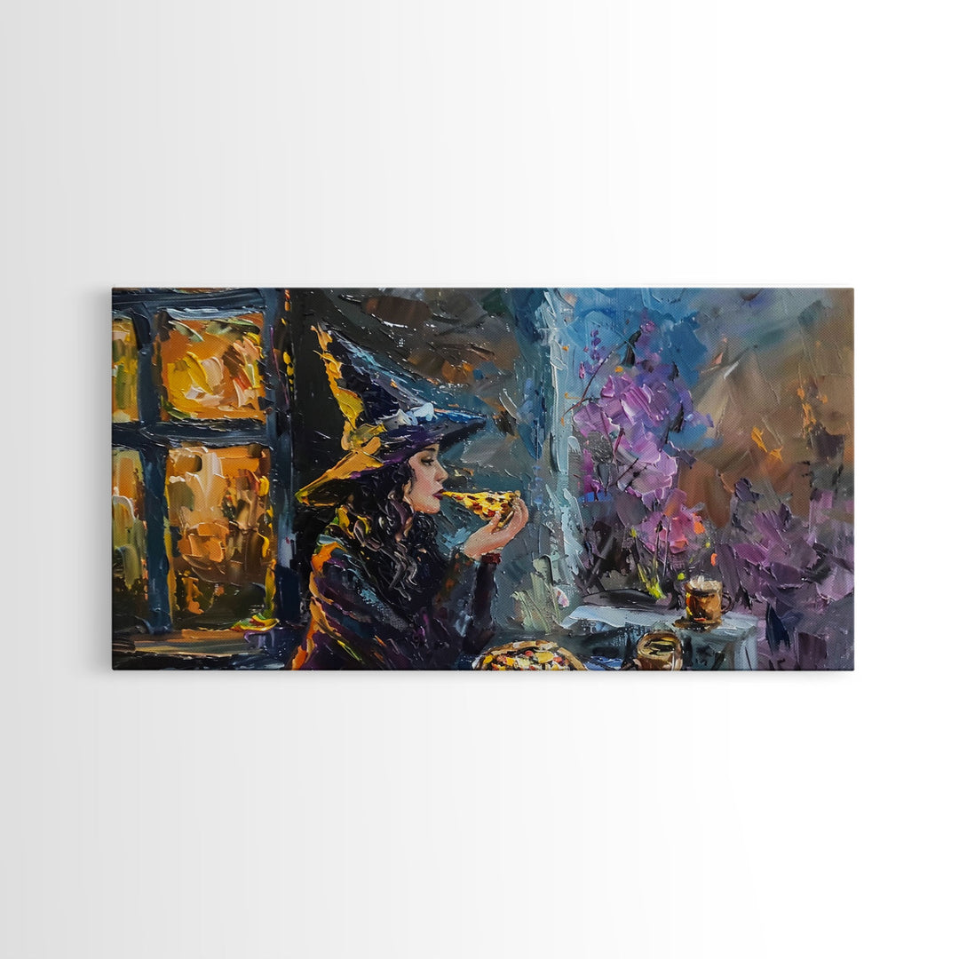 Time For Some Pizza, Witch Havin' a slice of Pizza, Framed Canvas Print, Funny Halloween Art