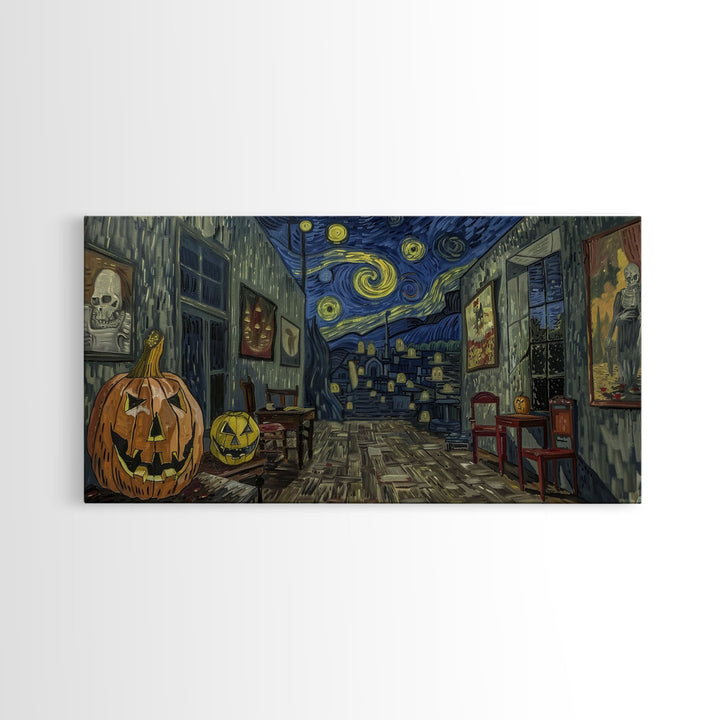 Starry Night Inspired Halloween Decor, Framed Canvas Print, Haunted Grave Yard