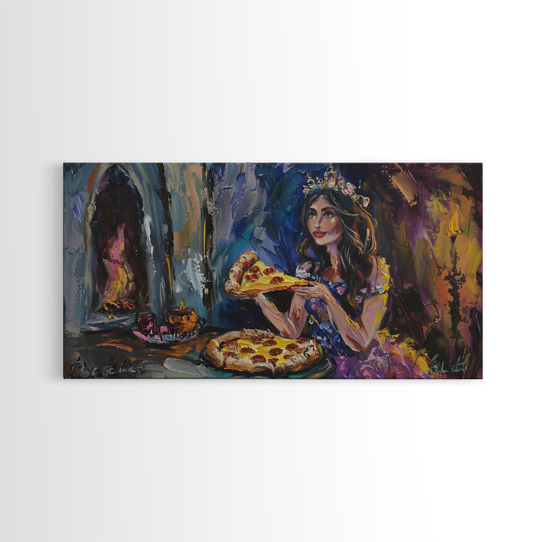 The Princess and the Pizza, Framed Canvas Print, Funny Decor, Funny Art