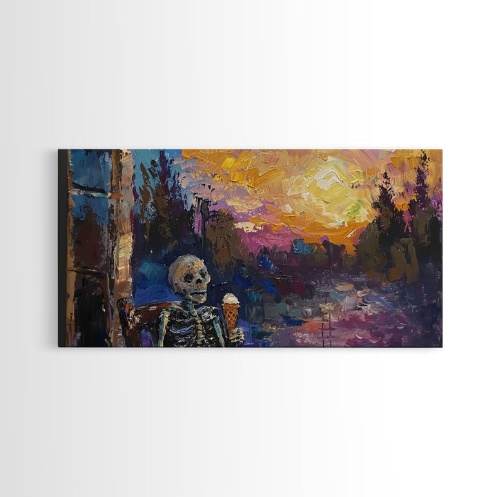 Spooky Skeleton having an ice cream cone at sunset, framed canvas print, funny halloween decor, halloween art