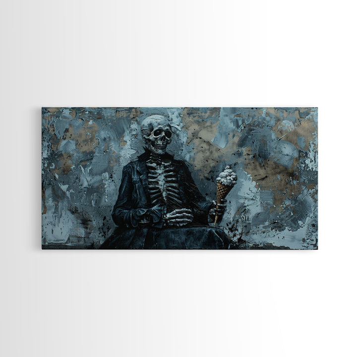 Skeleton Having an Ice Cream Cone, Macabre Wall Art, Framed Canvas Print, Spooky Halloween Art