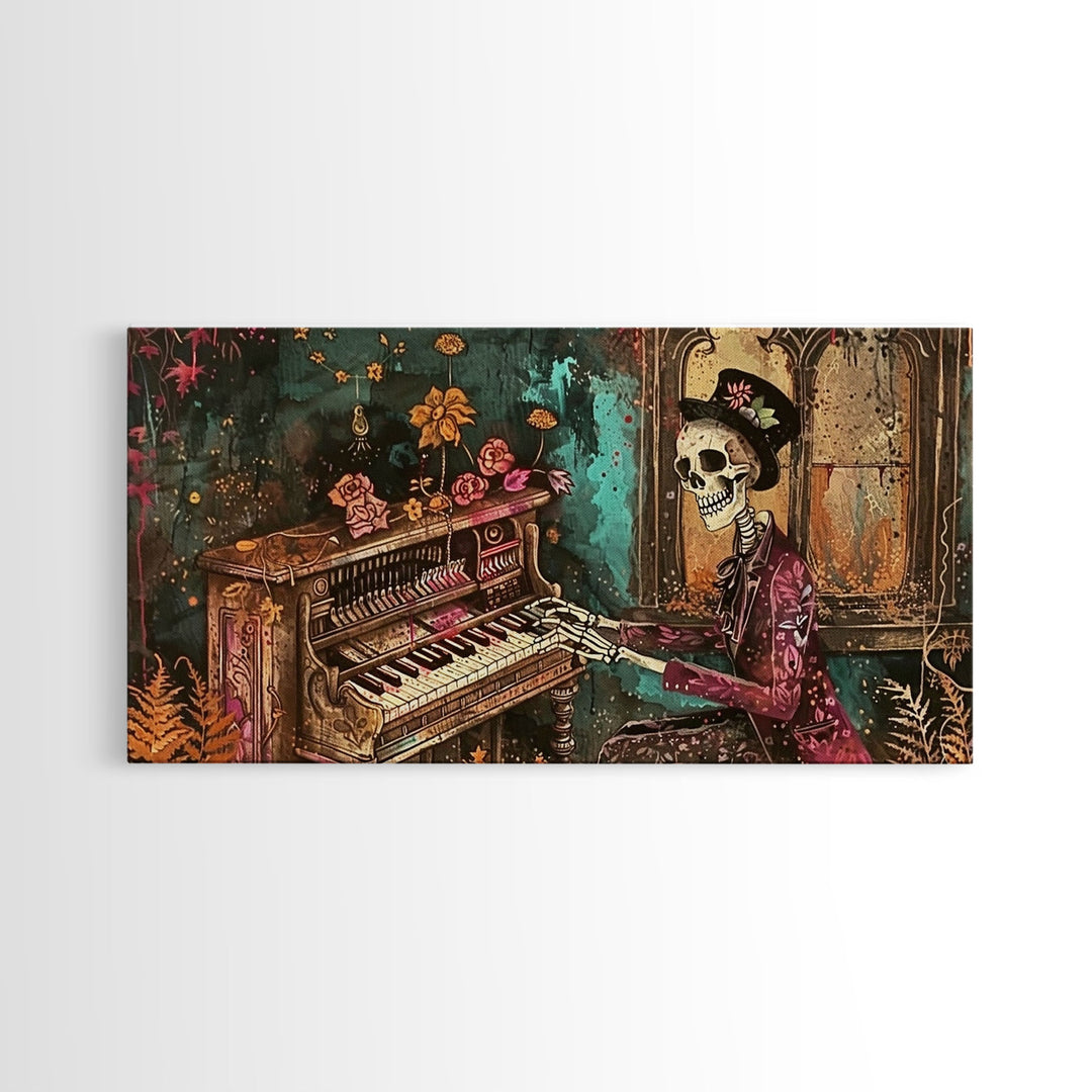 Skeleton Playing The Piano, Framed Canvas Print, Halloween Decor, Spooky Month Home Decor