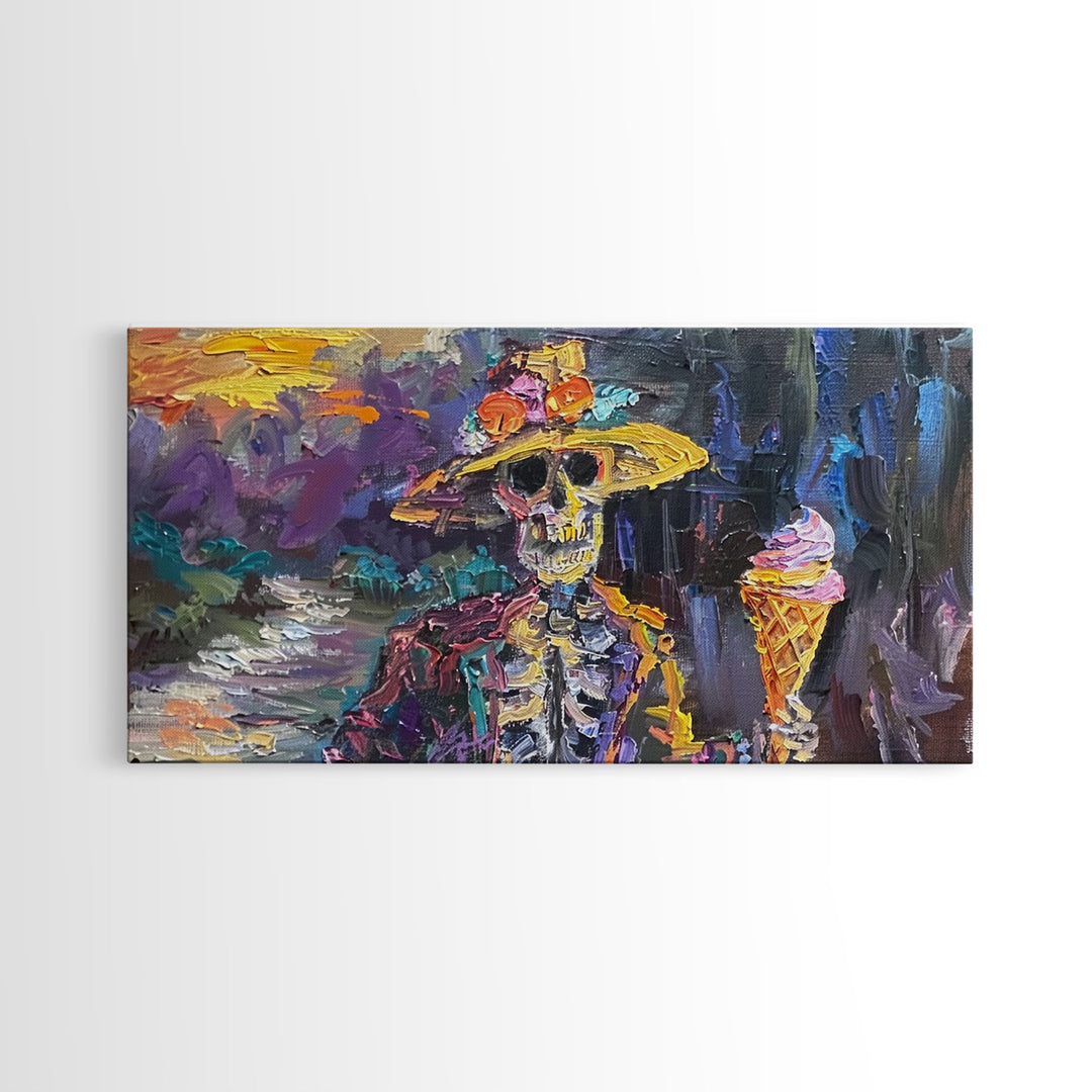 Skeleton In A Flower Hat Having an Ice Cream, Framed Canvas Print, funny Halloween Wall Art