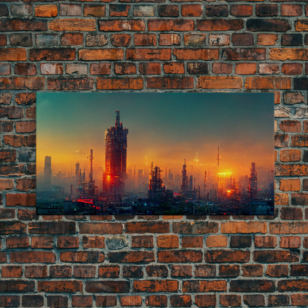 Cyberpunk city canvas art, video game concept art, living room wall art, dystopian art, outrun style city at sunset, man cave wall art