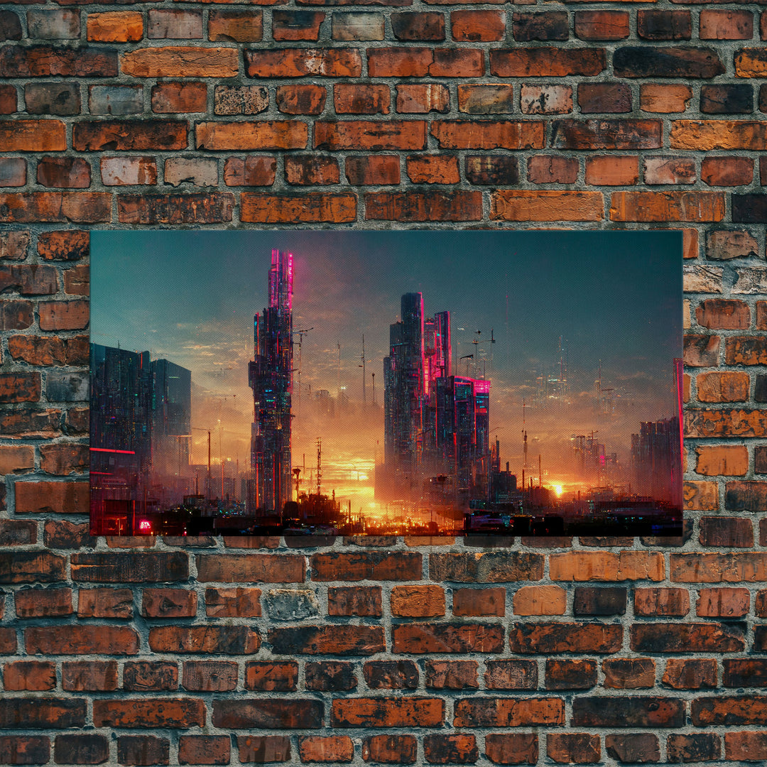 Cyberpunk city canvas, video game concept art, living room wall art, dystopian art, outrun style city at sunset, man cave art canvas print