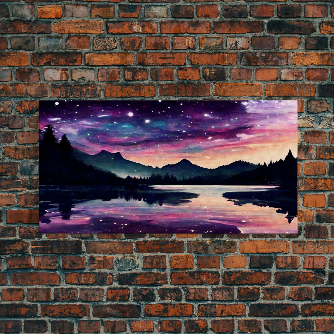 Beautiful lake at night canvas print, purple and pink sunset night sky, wall art canvas, lake front view, guest room wall art