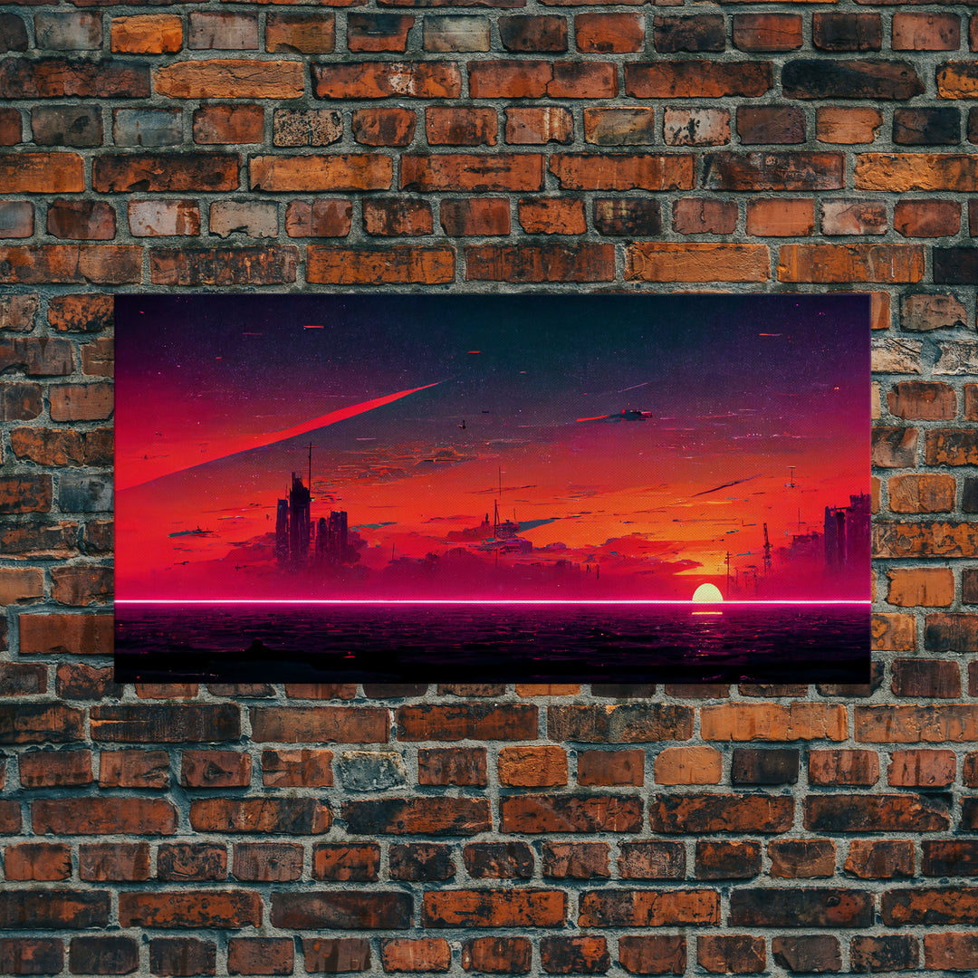 Cyberpunk lake art, city canvas, video game concept art, living room wall art, dystopian art, outrun city at sunset, man cave canvas print