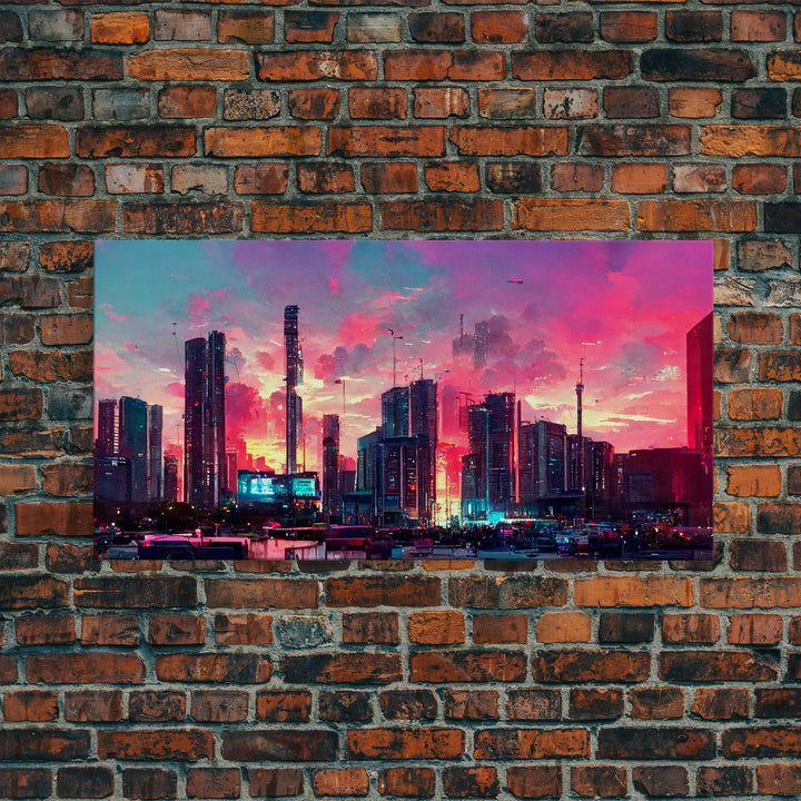 Cyber punk city skyline canvas print, outrun sunset, synthwave, vapor wave, dystopian city at sun set, mancave wall art, video game concept