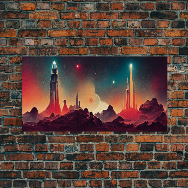 Art deco style space canvas print, space ship art, space art, outrun style, sci-fi themed art print, science fiction wall art