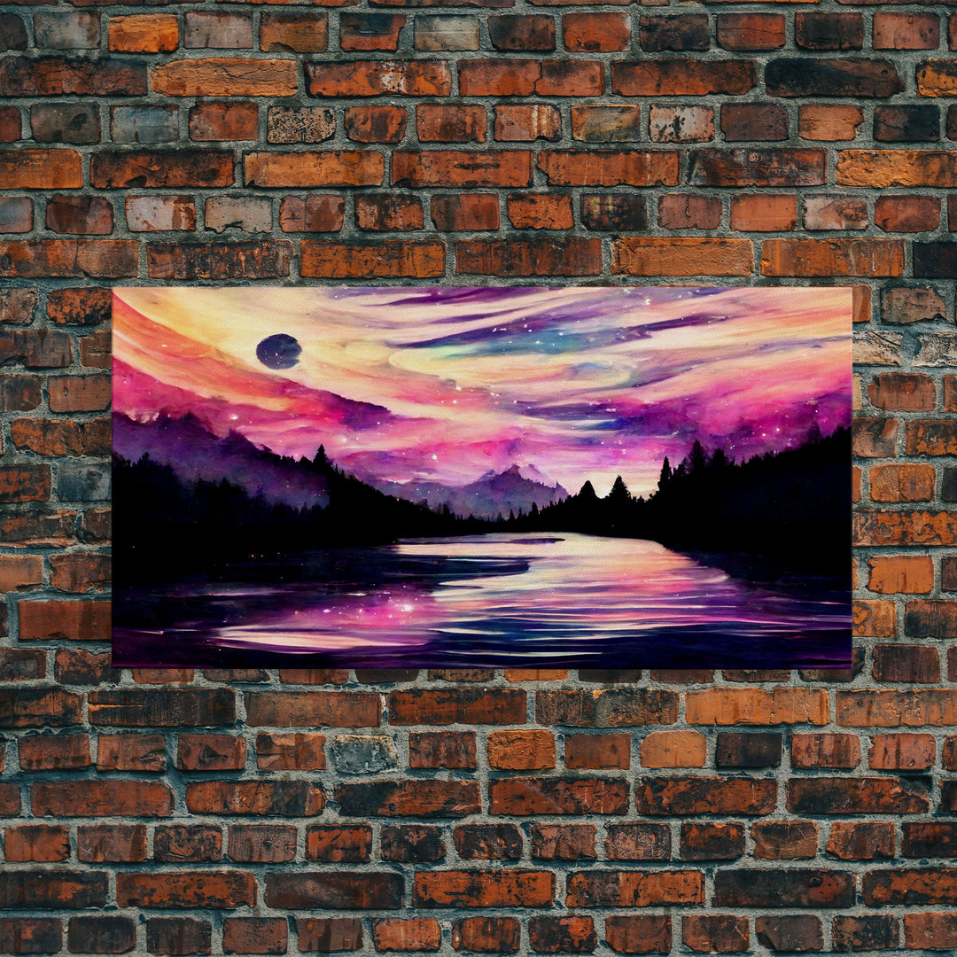 Beautiful lake at night canvas print, purple and pink sunset night sky, wall art canvas, lake front view, guest room, surreal Lakehouse Art