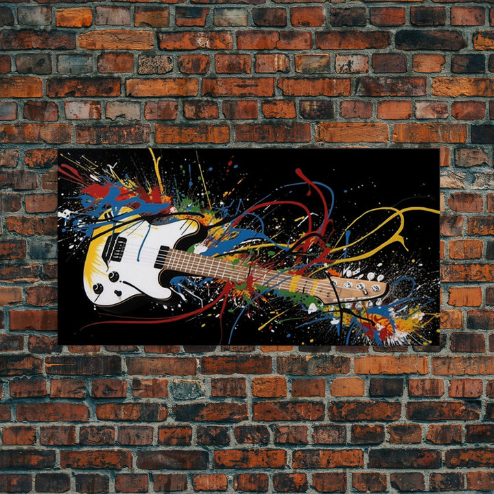 Jackson Pollock Graffiti Guitar Wall Art - Framed Canvas Print - Abstract Painting - Framed Wall Art - Colorful Retro Style Art