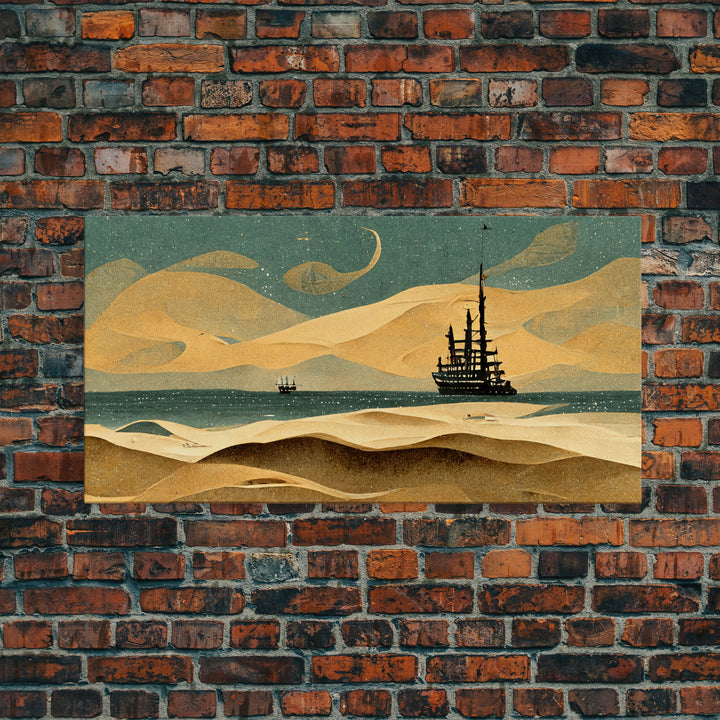 Art deco canvas print, pirate ship at sea beyond the sand dunes, living room wall art