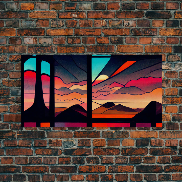 Pueblo style art deco sunset canvas print, outrun, colorful art, desert art, living room wall art, stained glass look, Arizona style art