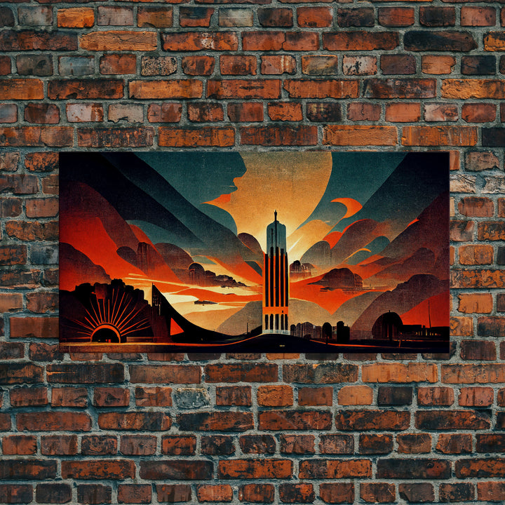 Dystopian metropolis canvas print, ready to hang wall art, art deco sunset, 1930s architecture, living room art, art nouveau