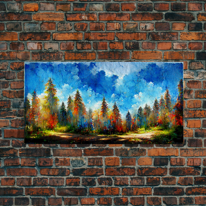 Beautiful Forest Sunset Oil Painting Canvas Print, Blue Skies and Fall Trees, Autumn, Ready to hang gallery wrapped nature canvas print