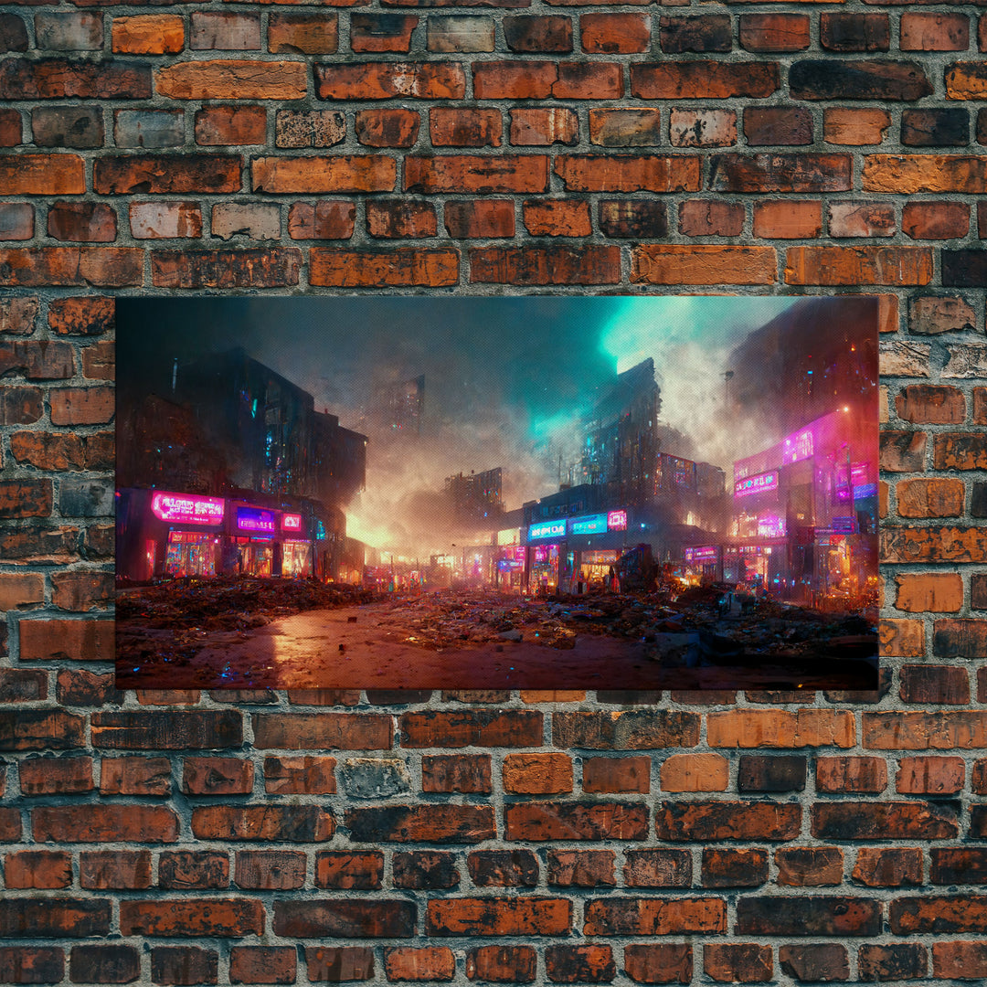 Destitute cyberpunk city with neon signs wall art, Bladerunner vibes art, synthwave style art, cool wall art