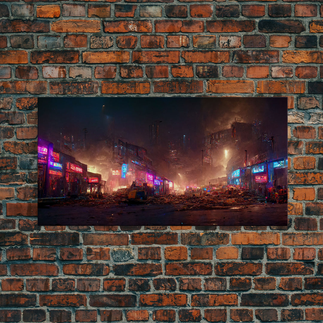 Destitute cyberpunk city with neon signs wall art, Bladerunner vibes art, synthwave style art, cool wall art