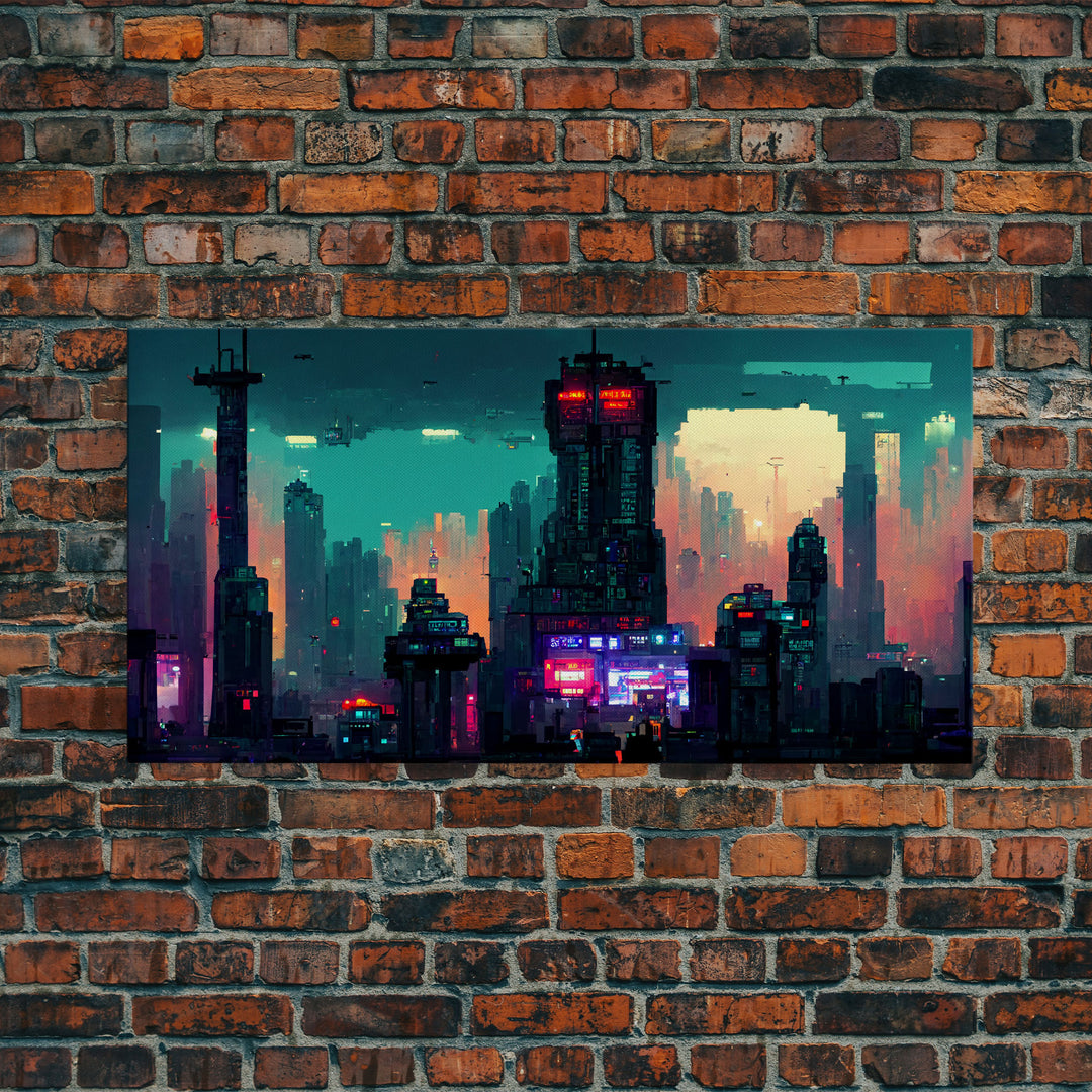 cyberpunk city pixel art canvas print, wall art, Bladerunner vibes art, synthwave style art, cool wall art