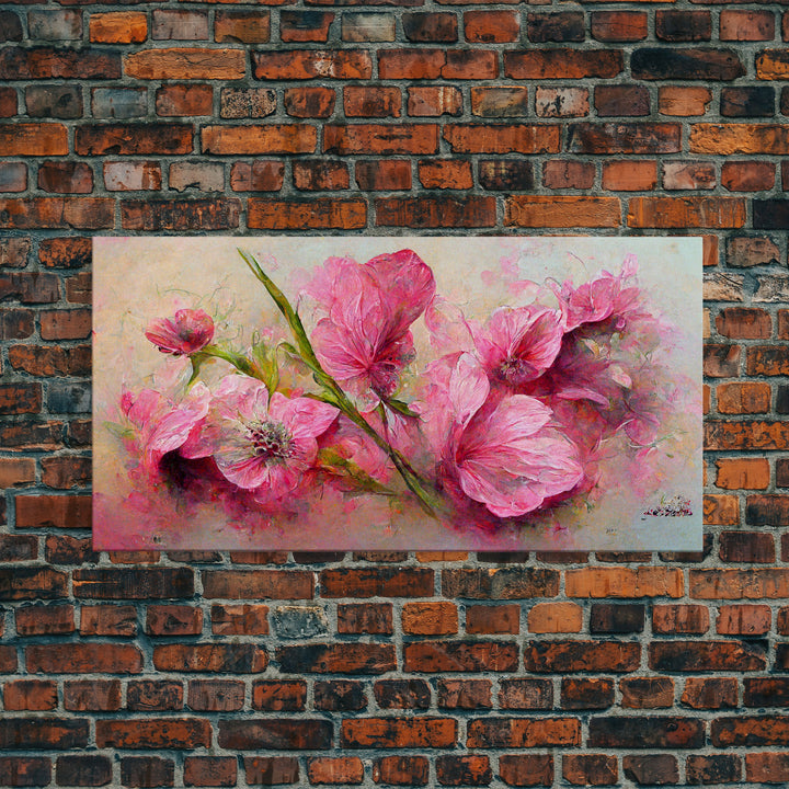 Pink flowers canvas print, oil painting style, living room wall art, guest room art, boho wall decor, floral pattern wall art