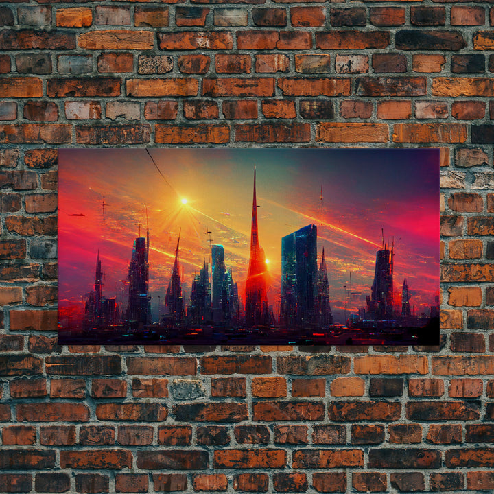 Dystopian Cyberpunk canvas print, cyber punk city at sunset, Bladerunner vibes art, synthwave style art, cool wall art, night city