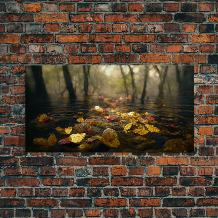 Fall leaves floating down the river, autumn, landscape and nature canvas print, oil painting style, neutral wall art