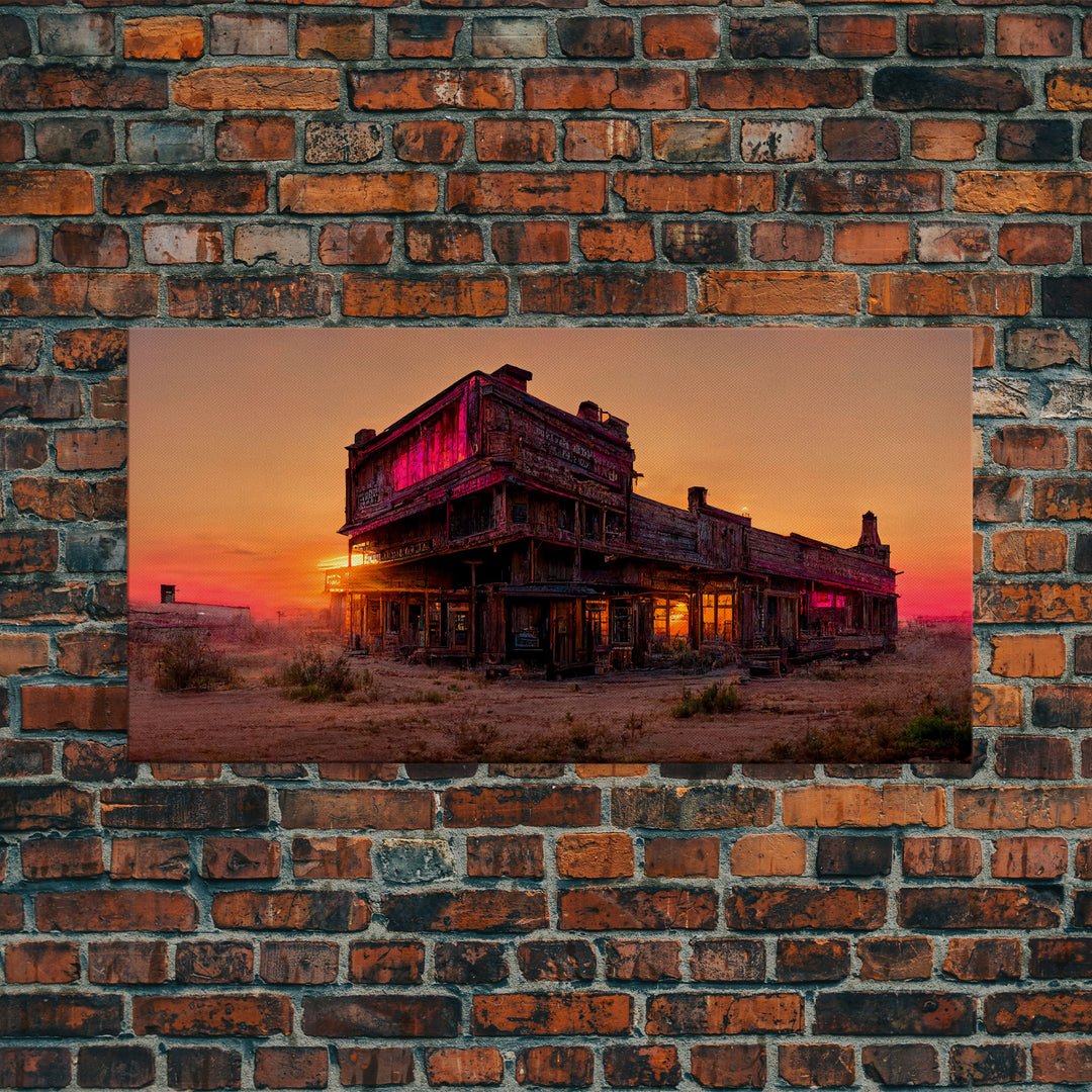 Abandoned wild west saloon at sunset canvas print, travel photography art, outrun sunset ready to hang wall art