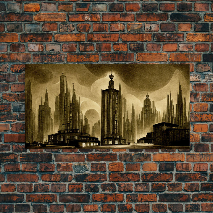 Dystopian Metropolis Art Deco Canvas Print, City Skyline, Fantasy Art, Art Deco Living Room Art, ready to hang wall art