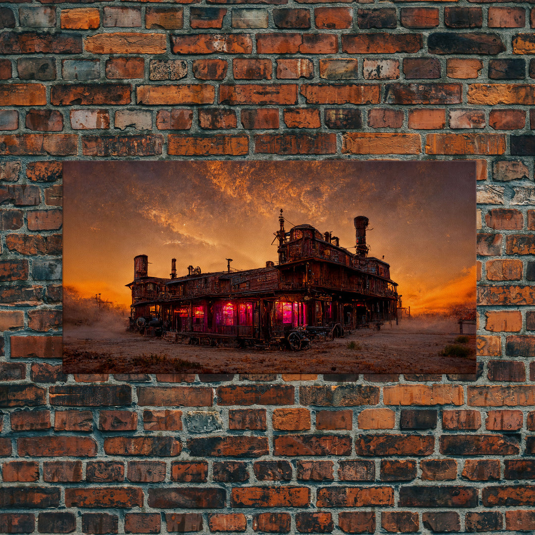 Dystopian steampunk wild west mashup, abandoned wild west saloon art, canvas print, ready to hang wall art