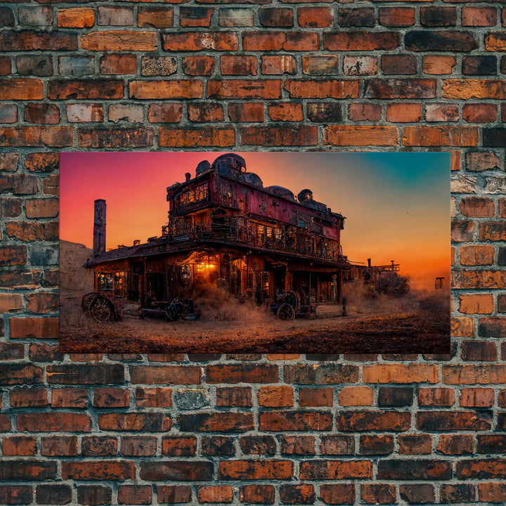 Synthwave Retro Wll Art, Dystopian steampunk wild west mashup, abandoned wild west saloon art, canvas print, ready to hang wall art