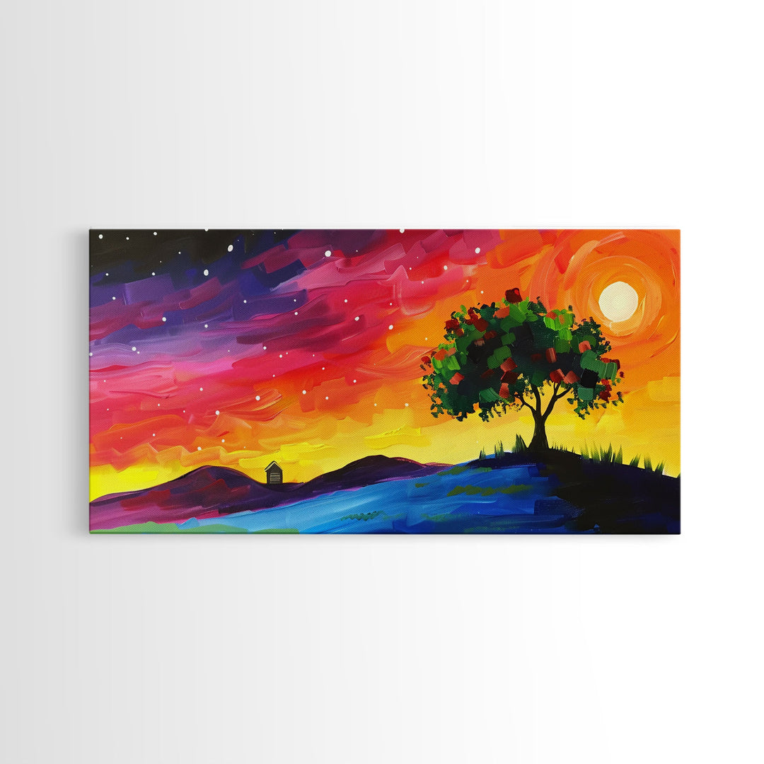 Vibrant Tree Under Starry Sky, Framed Canvas Print, Perfect for Living Room Art, Modern Home Decor, Colorful Bedroom Wall Art